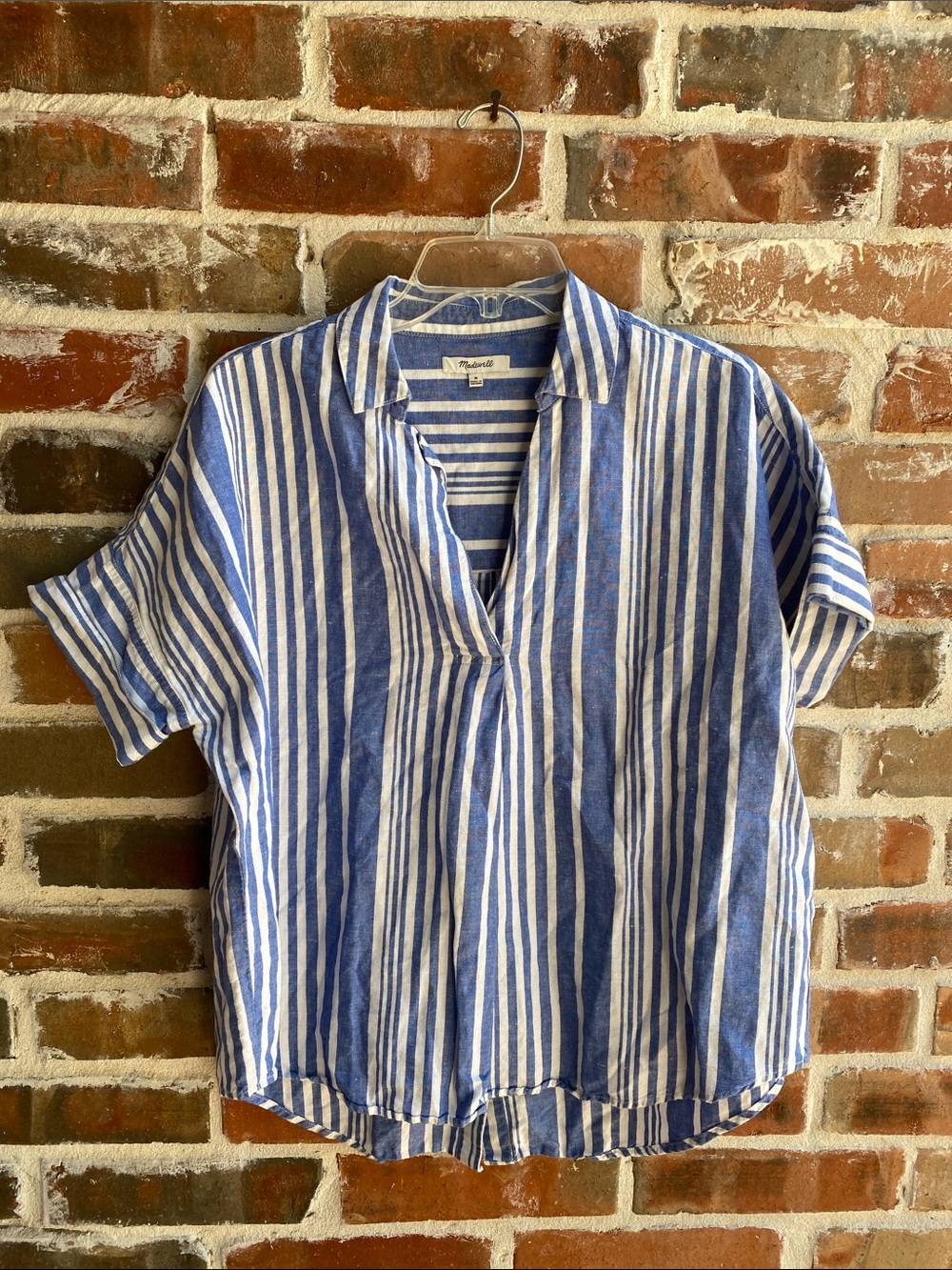 Madewell Courier Button Back Striped Blue & White Linen Cotton Blend Shirt